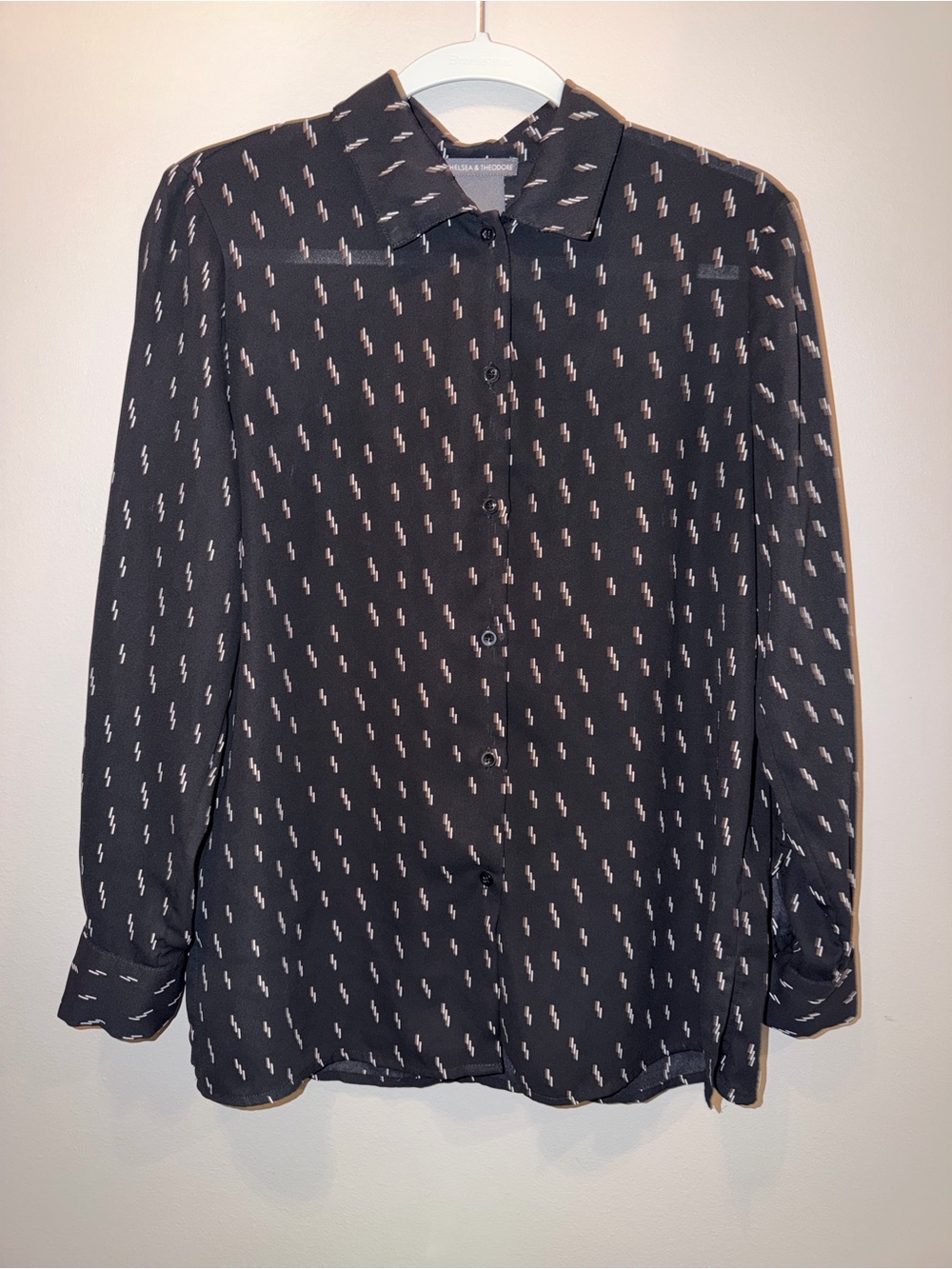 Chelsea & Theodore Black Button-Down Shirt with White Lightning Print preppy